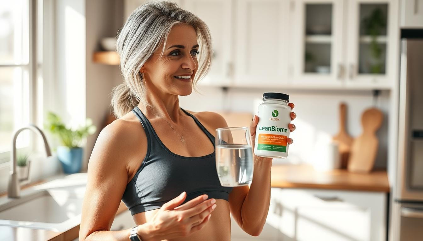 Woman in her 40s starting her morning routine with LeanBiome supplement