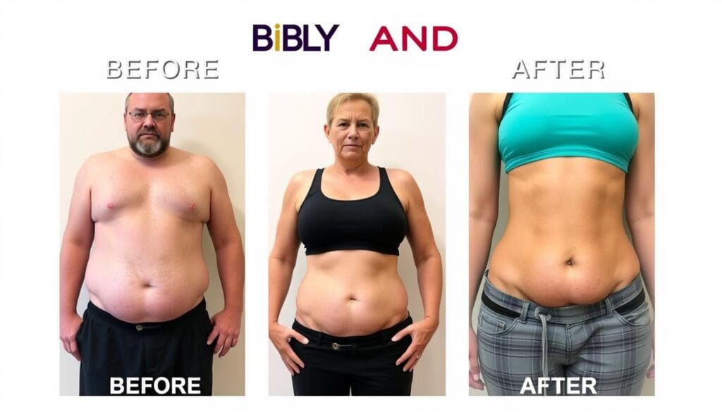 Before and after collage of multiple FBTONIC users showing belly fat reduction results