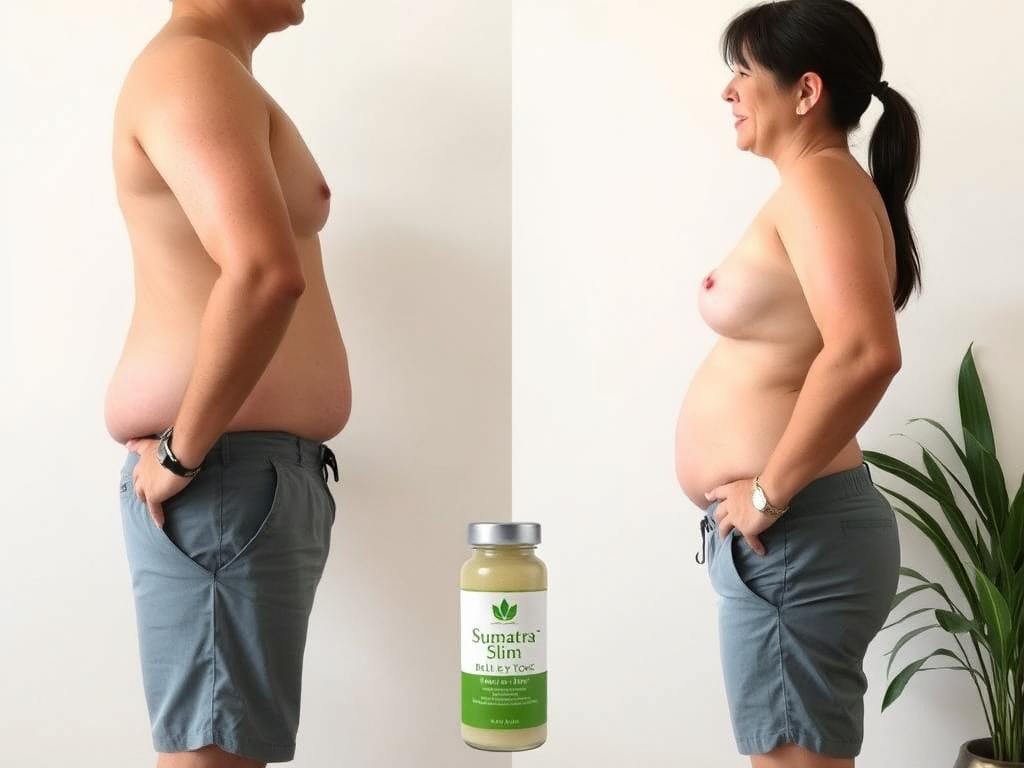 Before and after transformation showing Sumatra Slim Belly Tonic results