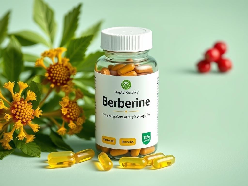 Berberine supplement capsules with berberine-containing plants