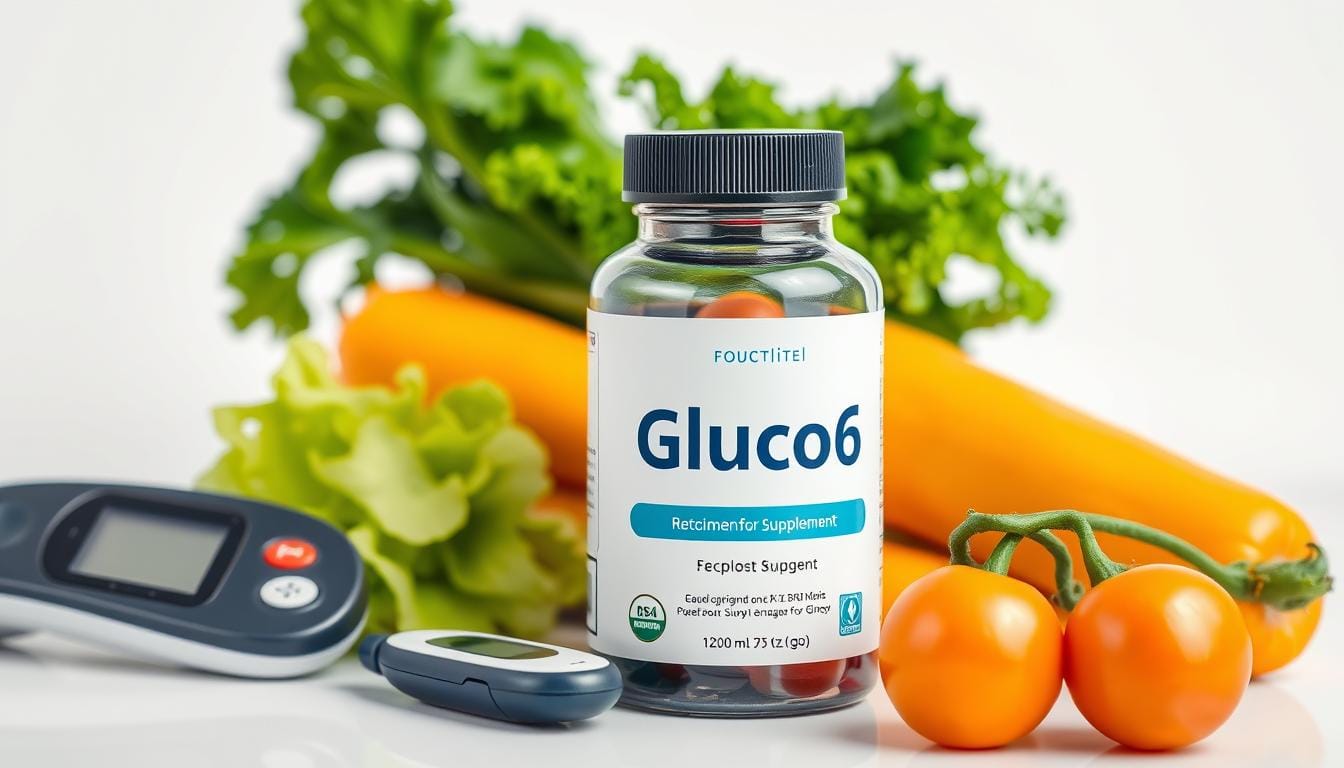 Bottle of Gluco6 blood sugar control supplement next to glucose meter and fresh vegetables