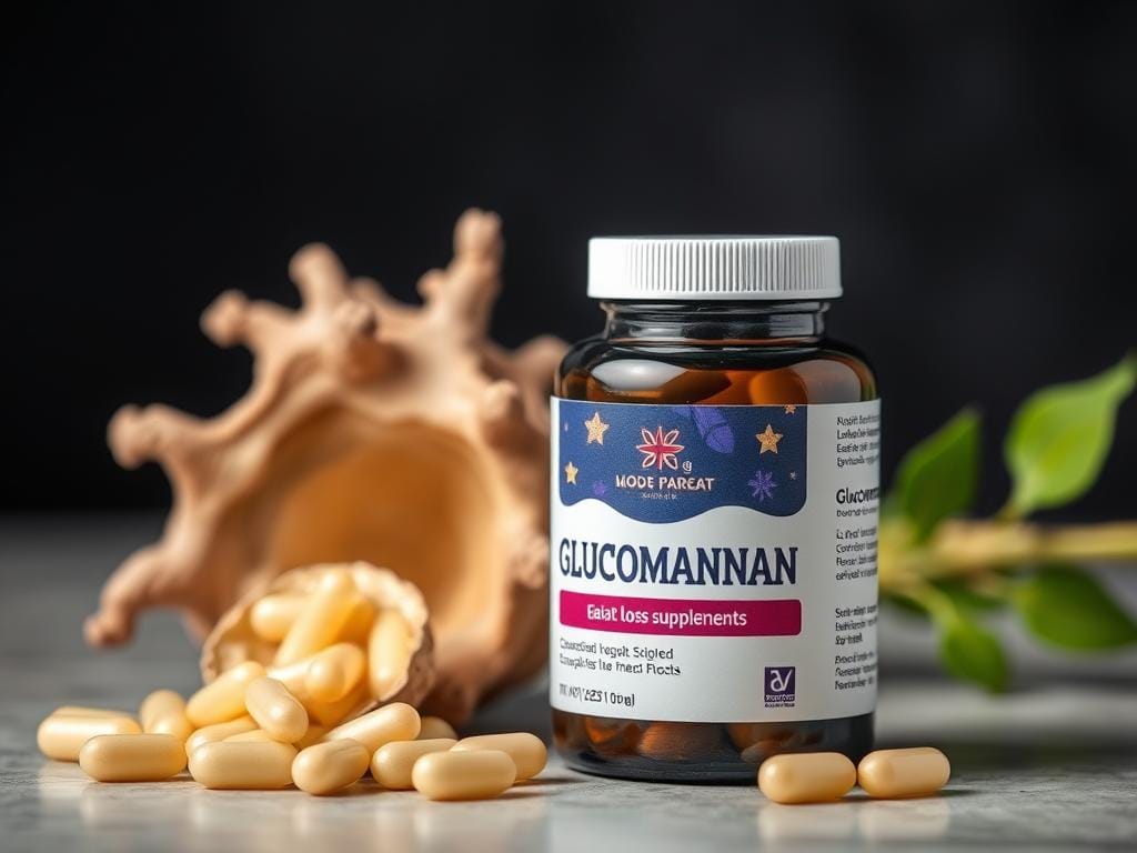 Bottle of Glucomannan supplement capsules with konjac root in the background