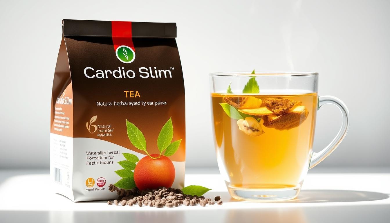 CardioSlim Tea package and brewed cup showing the natural herbal blend for fat loss and heart health