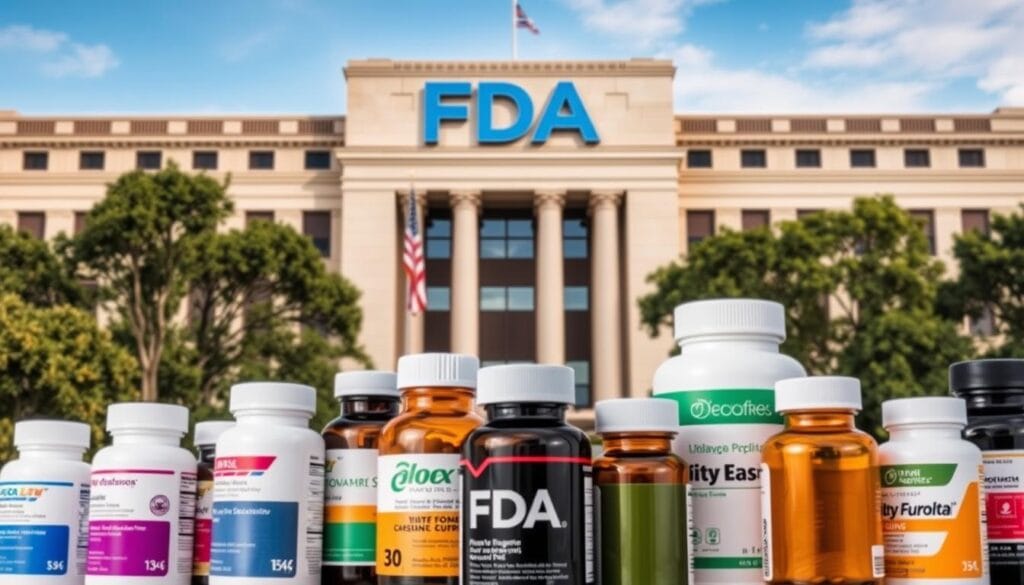 FDA building with dietary supplement bottles in foreground