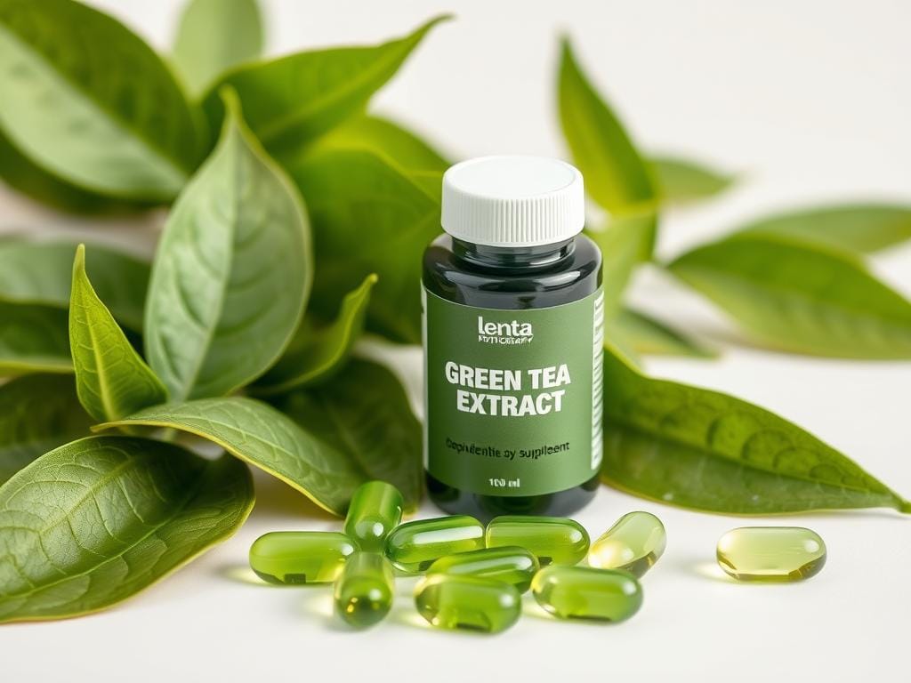 Green tea extract capsules next to fresh green tea leaves