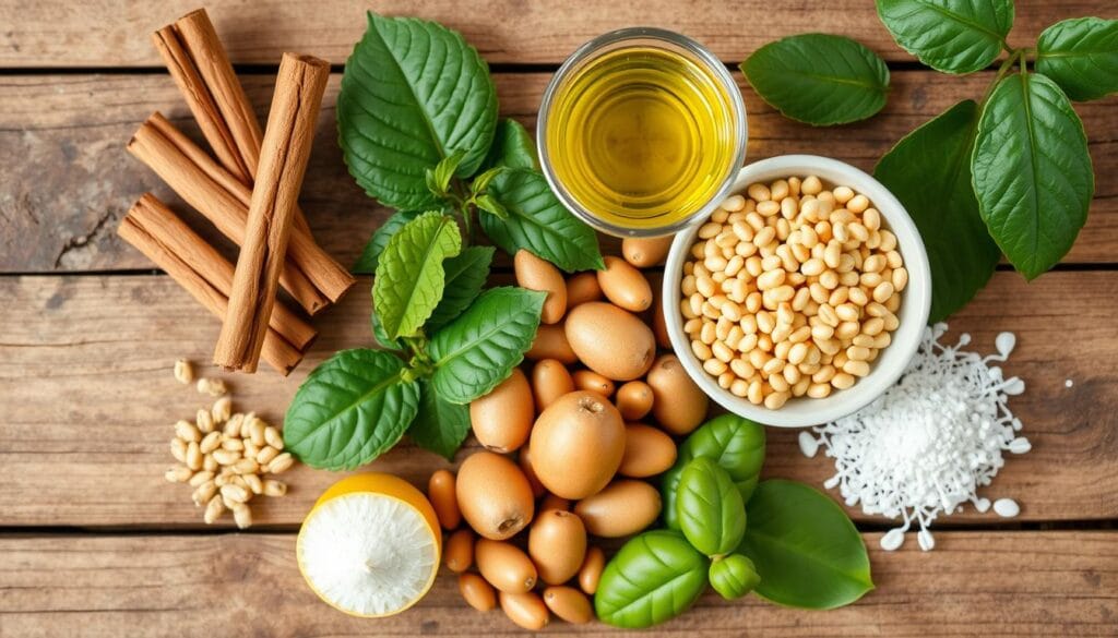 Natural ingredients used in Gluco6 blood sugar control formula displayed individually