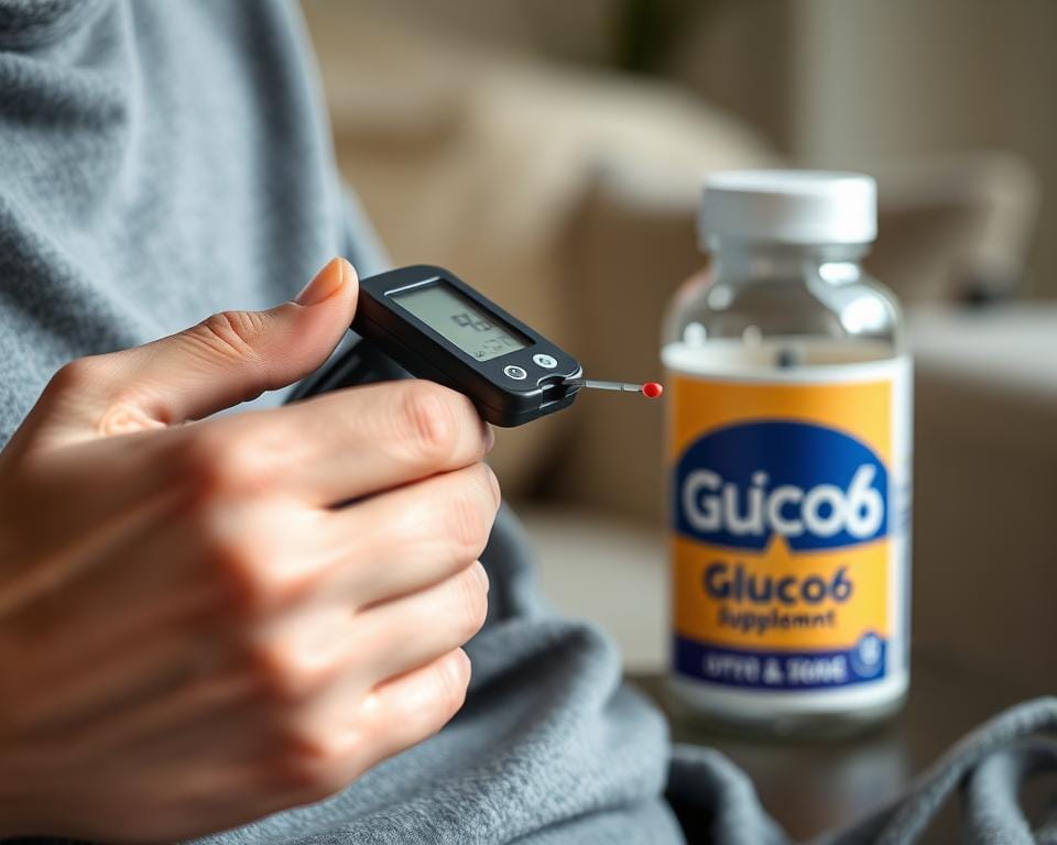 Person checking blood sugar levels with a glucose meter while Gluco6 supplement bottle sits nearby