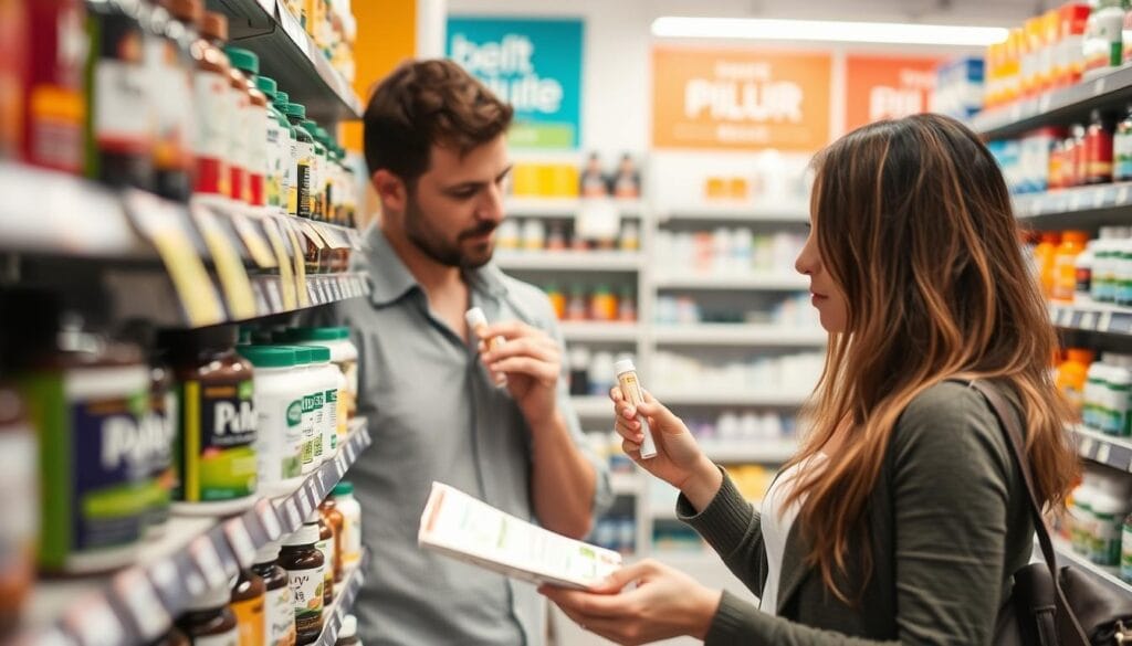 Person comparing different weight loss supplement labels in a store