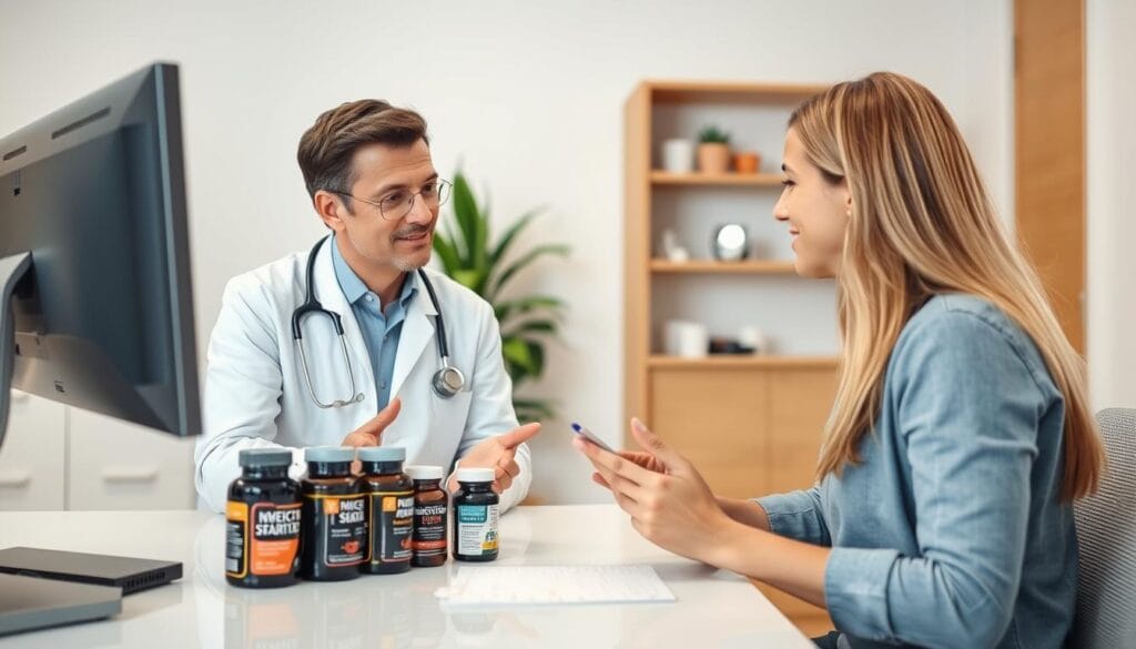 Person consulting with a healthcare professional about weight loss supplements