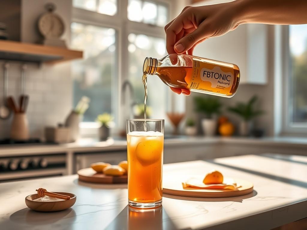 Person pouring FBTONIC tonic into a glass in morning kitchen setting