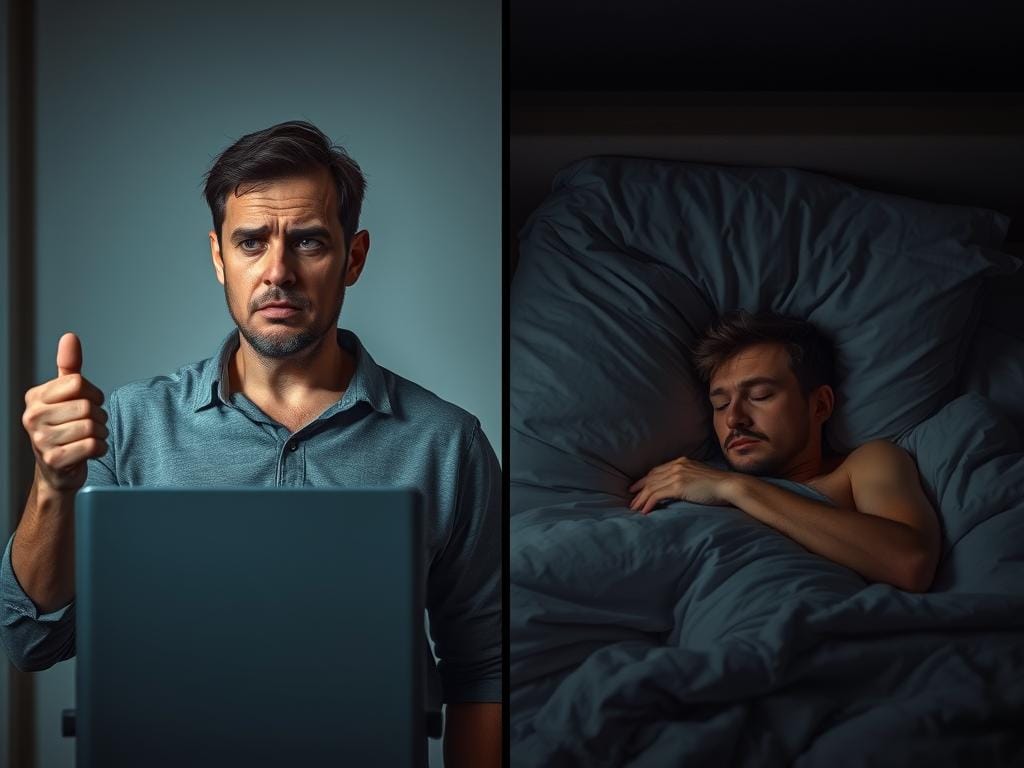 Person struggling with sleep and weight issues before using Sumatra Slim Belly Tonic