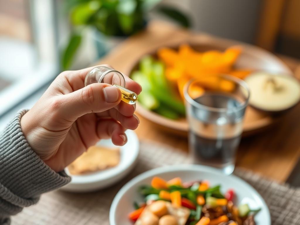 Person taking Gluco6 blood sugar control supplement with a glass of water during meal