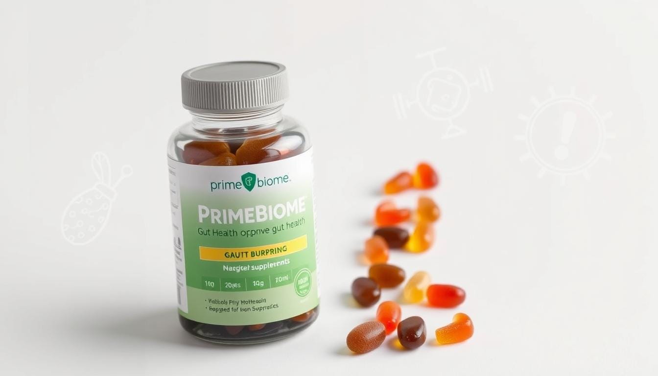 PrimeBiome gut health fat burn supplement bottle and gummies