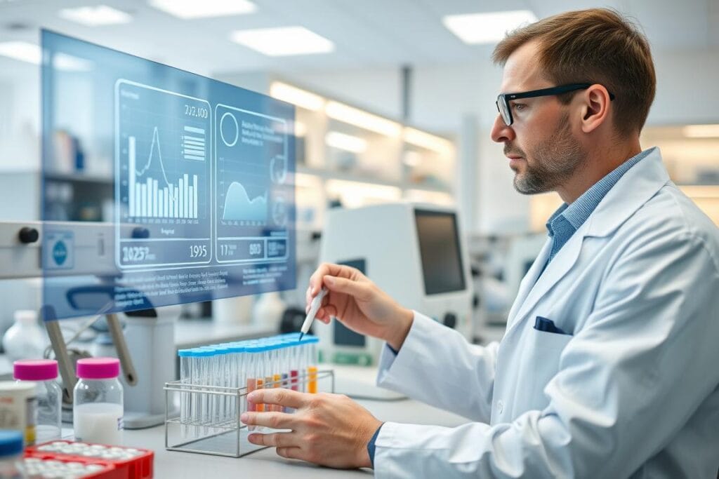 Scientific researcher analyzing blood samples in laboratory with Gluco6 blood sugar control study