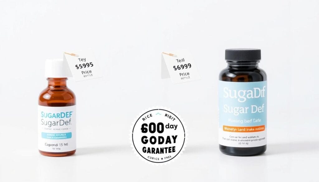 SugarDef supplement bottles with money-back guarantee seal