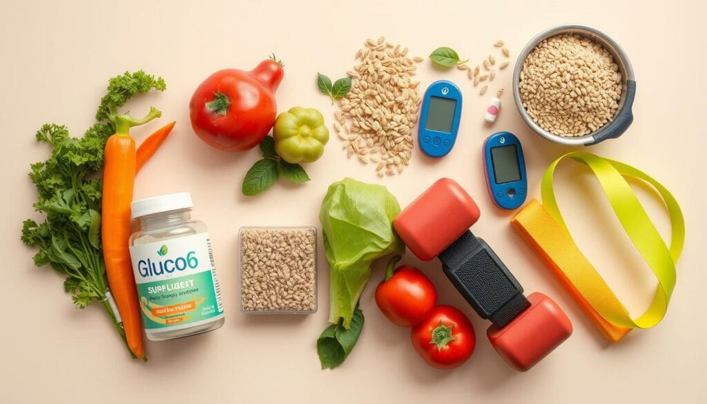 Various blood sugar management approaches including Gluco6 supplement, healthy food, exercise equipment, and glucose monitoring