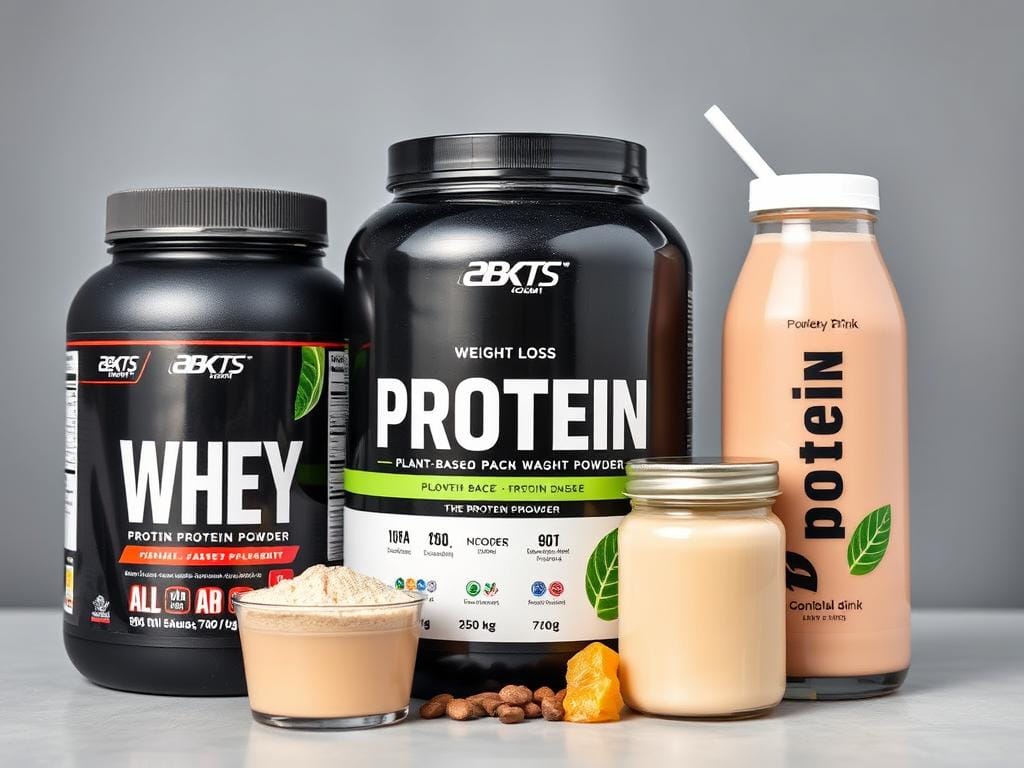 Various protein supplements including whey, plant-based powder, and ready-to-drink shakes
