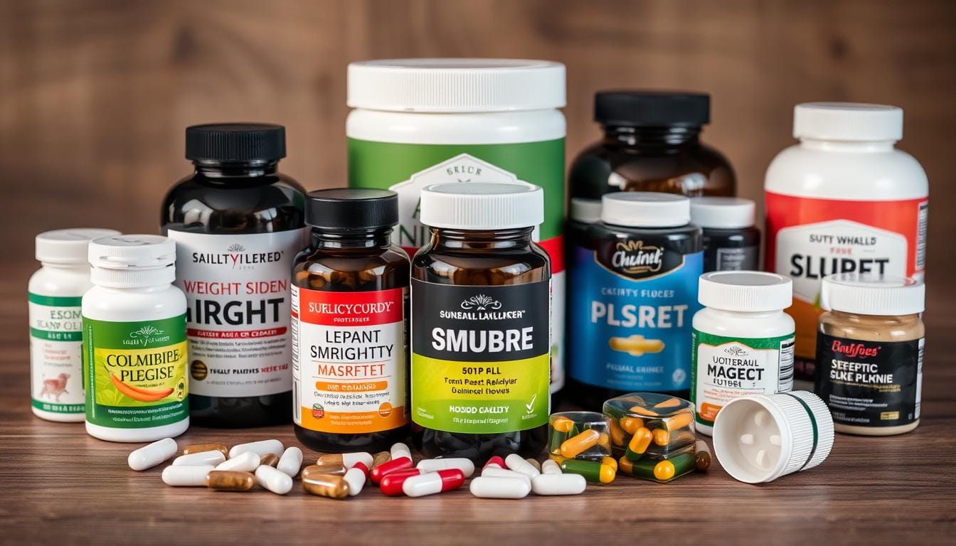 Various weight loss supplements including pills, powders, and capsules on a wooden surface
