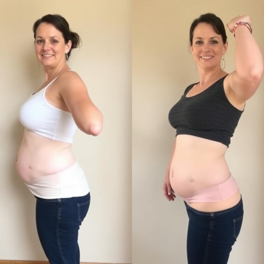 Woman showing Sumatra Slim Belly Tonic before and after results at 1 month